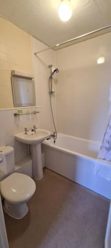 a bathroom with a toilet and a sink and a bath tub at The Merton Hotel in Hereford