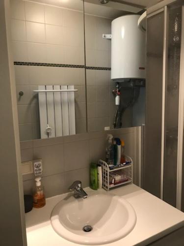 een badkamer met een wastafel en een spiegel bij New Line in Middelkerke