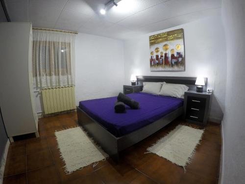a bedroom with a bed with purple sheets and a painting at FINCA CAL TARRÉ - Alojamientos turísticos in Campdevánol