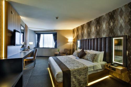 a hotel room with a bed and a desk at Hotel Anatolia in Bursa