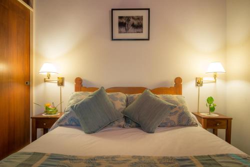 a bedroom with a bed with pillows and two lamps at Apart Hotel La Bora in San Martín de los Andes