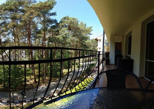 a balcony with a view of the woods at Pati Ferien Apartmens in Łukęcin