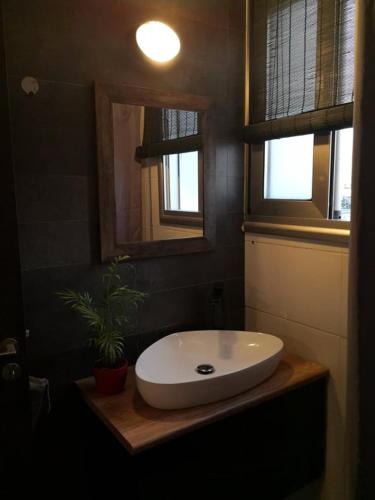 a bathroom with a white sink and two windows at Loizou Holdings Flat 301 in Larnaca