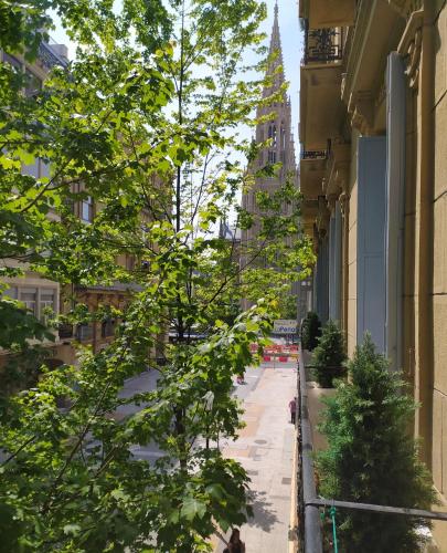 a tree lined street in a city with buildings at Pensión La Perla in Donostia-San Sebastián