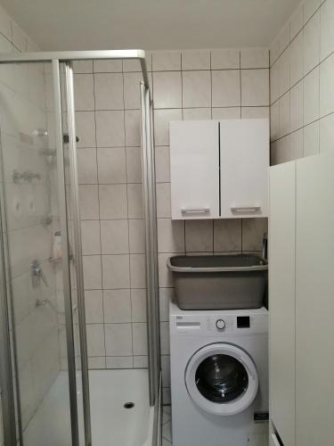 a small bathroom with a toilet and a shower at Apartment Paradies in Öhringen