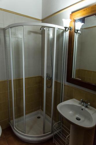 a shower and a sink in a bathroom at Casa de Aldea Los Duesos in Caravia