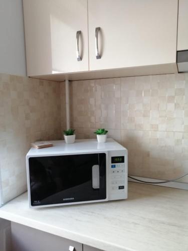 a microwave sitting on a counter in a kitchen at Promenada Apartment in Constanţa