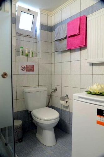 a bathroom with a toilet and a sink with pink towels at Blue Boutique Apts in Amoudara Herakliou