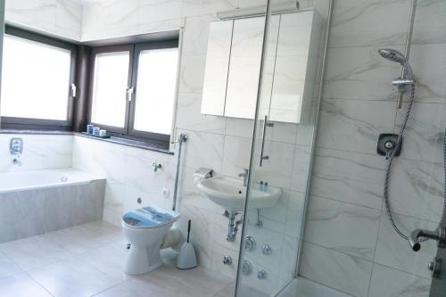 La salle de bains est pourvue d'une douche, de toilettes et d'un lavabo. dans l'établissement Eisberg Gästehaus & De Luxe Appartements, à Friesenheim