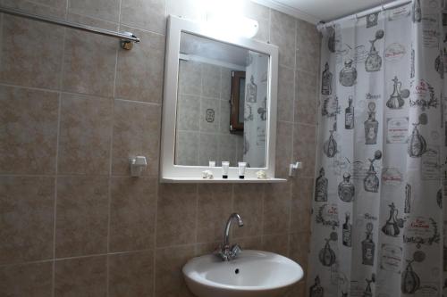a bathroom with a sink and a shower curtain at Vakis Apartments 2 in Romanón