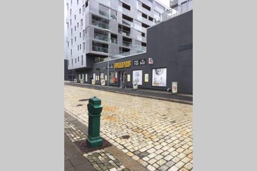 pusta ulica z zielonym hydrantem przeciwpożarowym przed budynkiem w obiekcie Nice central appartment w Bergen