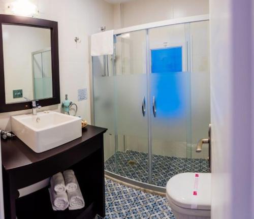 a bathroom with a shower and a sink and a toilet at Via Farilya Hotel in Gundogan