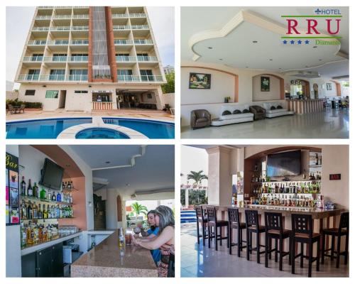 a collage of photos of a hotel and a bar at Hotel RRU Diamante in Acapulco