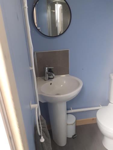 een badkamer met een wastafel en een spiegel bij Croft of Clune Shepherds Hut in Newtonmore