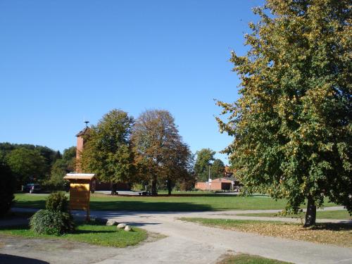 a park with a tree and a walkway at de lüt Ferienhof Jameln in Jameln