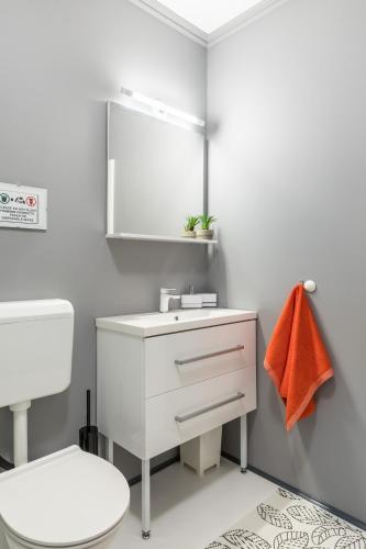 a bathroom with a white sink and a mirror at Waterview Apartments - Koru Apartment and pool in Mimice