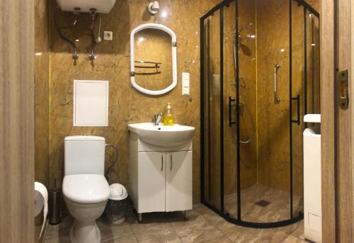 a bathroom with a toilet and a sink and a shower at Butas Prie Kaštono in Nida