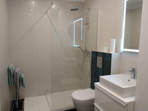 y baño con ducha, aseo y lavamanos. en RiC Apart - Apartament Mostowa, centrum Poznań - parking - klimatyzacja, en Poznan