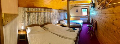 een slaapkamer met 2 bedden in een houten kamer bij Penzion Kapitanka in Kořenov