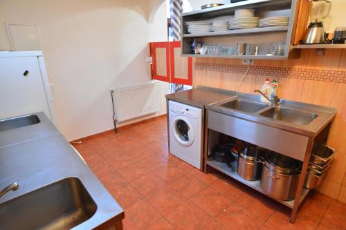 een keuken met een wastafel en een wasmachine bij Ubytování Koloniál in Dolní Holetín