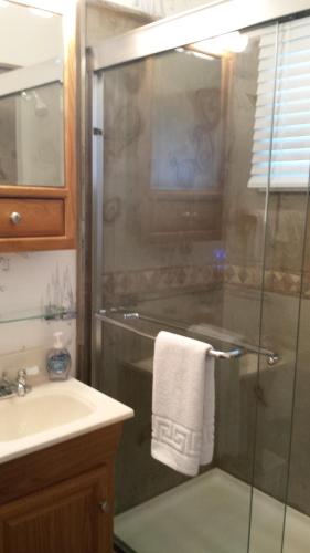 een badkamer met een glazen douche en een wastafel bij Square Rigger Harbor Motel in Baileys Harbor