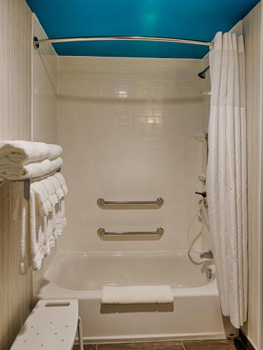 a bathroom with a bath tub with a shower curtain at Park Inn by Radisson Florence, SC in Florence