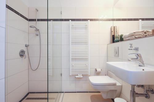 a bathroom with a shower and a toilet and a sink at 4 Personen Altbau nahe Kurfürstendamm - Macbeth in Berlin