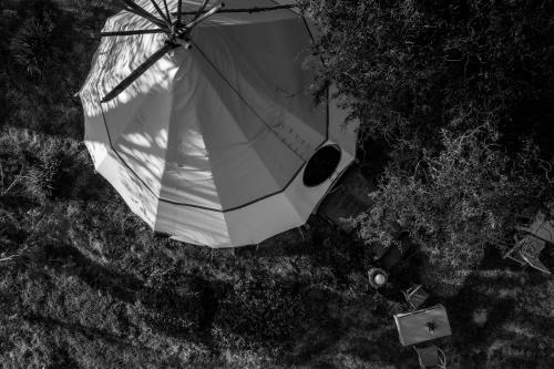 a black and white photo of an umbrella in the grass at Au Bonheur Nomade in Livry