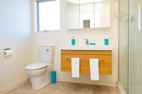een badkamer met een toilet, een wastafel en een spiegel bij Parkside Cottage in Napier