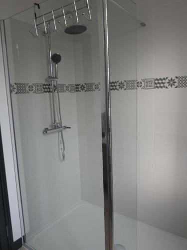 une douche avec une porte vitrée dans une salle de bain dans l'établissement Le Domaine Vesque, à Saint-Pierre-de-Clairac