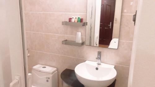 a bathroom with a toilet and a sink and a mirror at Rising Dragon Legend Hotel in Hanoi