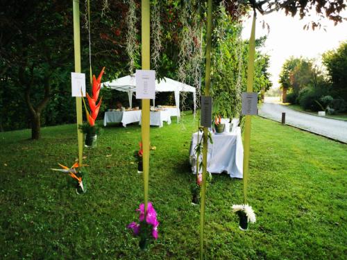 a table set up in the grass with flowers at La Rondanina in Castelnuovo Fogliani