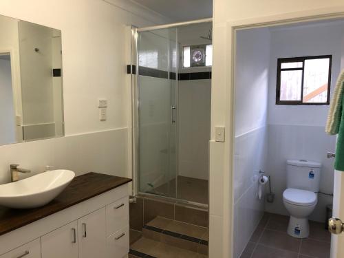 a bathroom with a shower and a sink and a toilet at Airlie Getaway Unit 3 in Cannonvale