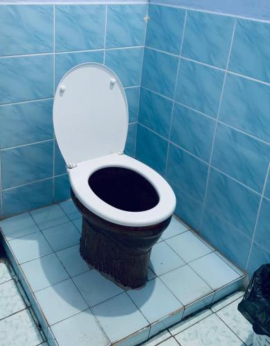 a bathroom with a toilet in a blue tiled room at Novaya Dacha in Kurortne