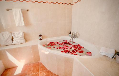 ein Badezimmer mit einer Badewanne mit roten Blumen in der Unterkunft Château Meyre in Avensan