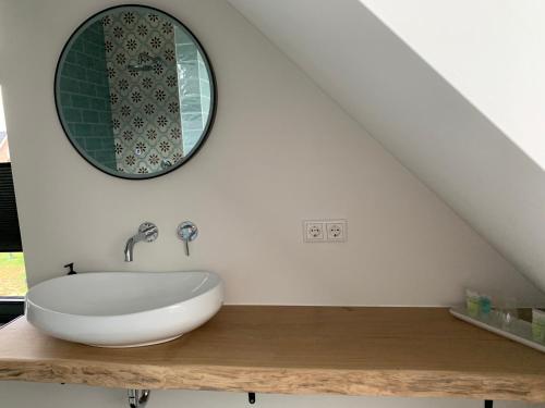 a bathroom with a sink and a mirror at Zeeuws Kot in Nieuwerkerk