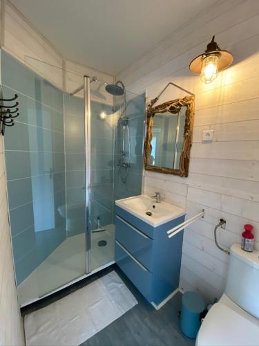 une salle de bain avec une douche, un lavabo et des toilettes dans l'établissement La Dune - 100m plage - Parking - Terrasse & BBQ, à Châtelaillon-Plage