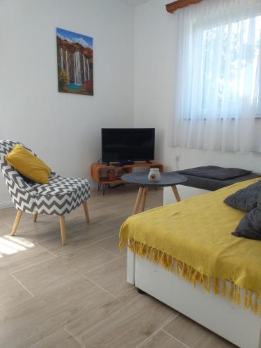 a living room with two beds and a tv at Apartment Sučić in Seliste Dreznicko
