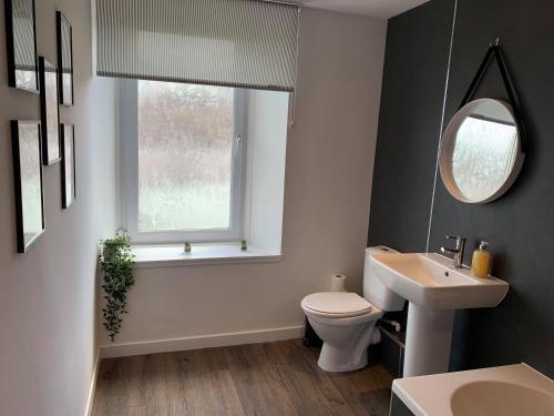 a bathroom with a sink and a toilet and a mirror at Town Centre Apartment in Hawick