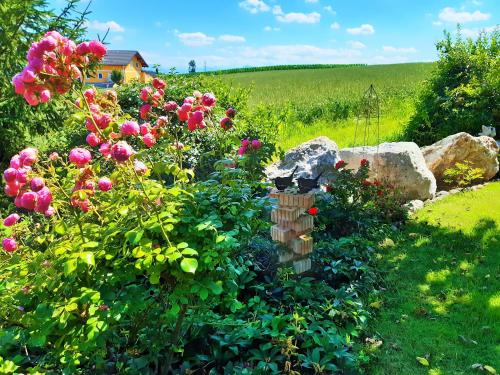 a garden with flowers and a rock and a house at Hotel/Pension Rosengarten in Franking