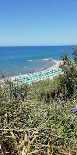 a beach with umbrellas and people on the beach at VILLA GIULIANA stanze con bagno interno in Villa a 350 mt spiaggia libera Lido delle Sirene in Anzio
