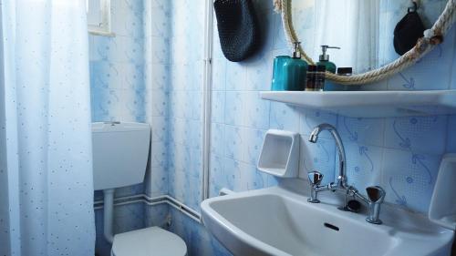 Baño azul con lavabo y aseo en Fistiki Rooms, en Agia Marina Aegina