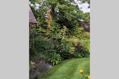 a garden with a green lawn and flowers at Bentley Rise in Lyme Regis