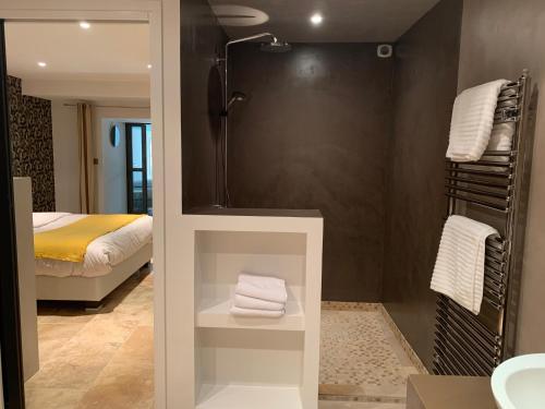łazienka z prysznicem, łóżkiem i ręcznikami w obiekcie Maison avec patio et jacuzzi w mieście Saint-Rémy-de-Provence