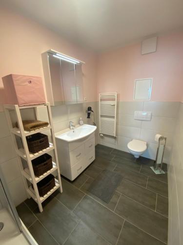 La salle de bains est pourvue d'un lavabo et de toilettes. dans l'établissement Eicher Ferienwohnungen Warnemünde, à Warnemünde