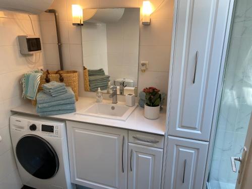 ein Badezimmer mit einem Waschbecken und einer Waschmaschine in der Unterkunft Bijou Apartment in Safranier - Old Town Antibes in Antibes