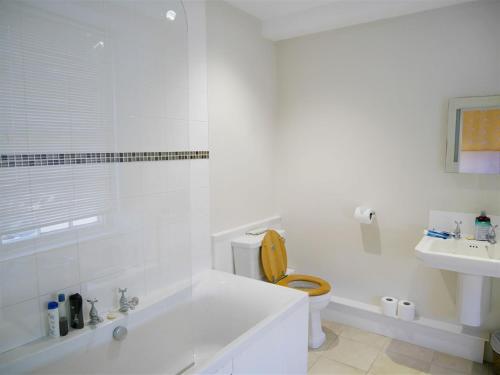 a white bathroom with a toilet and a sink at The Saracens Head Hotel in Highworth