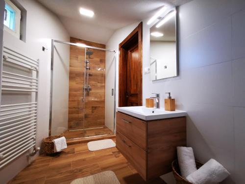 a bathroom with a shower and a sink and a mirror at Vila Viktoria in Štôla