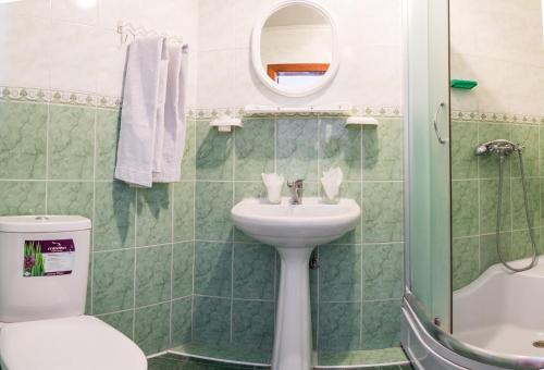 La salle de bains est pourvue d'un lavabo, de toilettes et d'un miroir. dans l'établissement Venezia, à Tchernivtsi