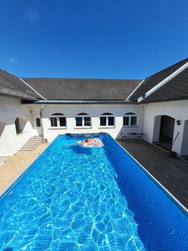a large swimming pool with a pizza in the middle at Artemis Farm Apartments in Bad Blumau